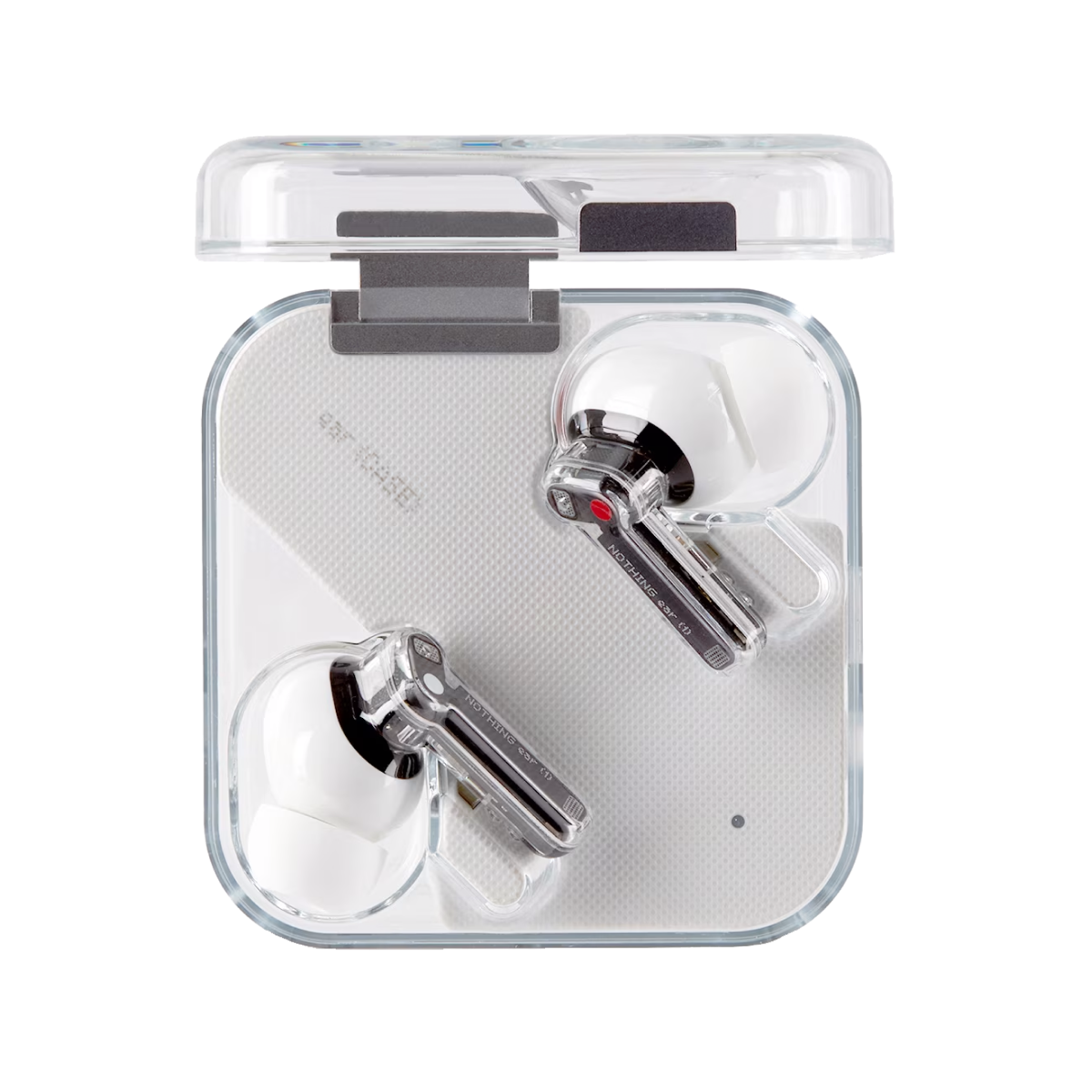 White earphones in a transparent case from Nothing