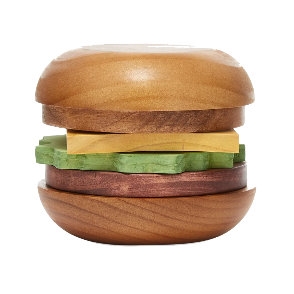 A set of wooden coasters that form a hamburger