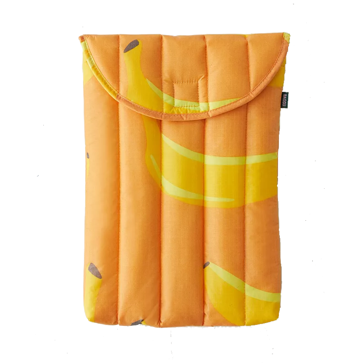 Orange puffy laptop sleeve with a banana print