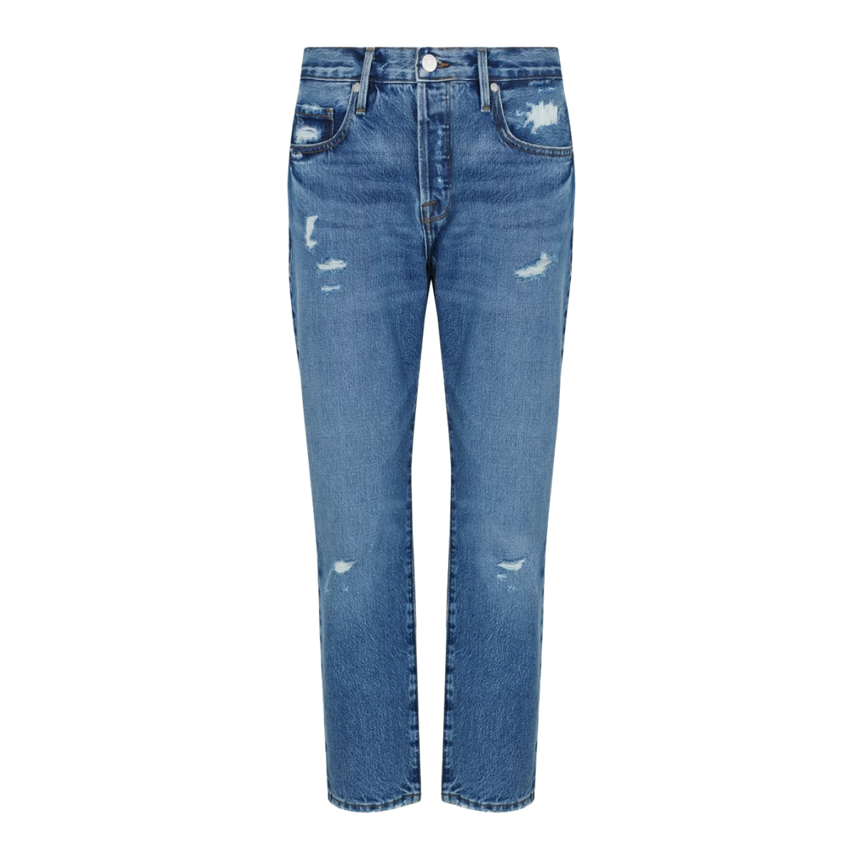 High waisted cropped, straight cut blue jeans