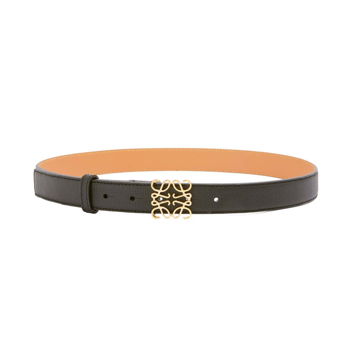 Black leather belt with a gold Loewe anagram logo